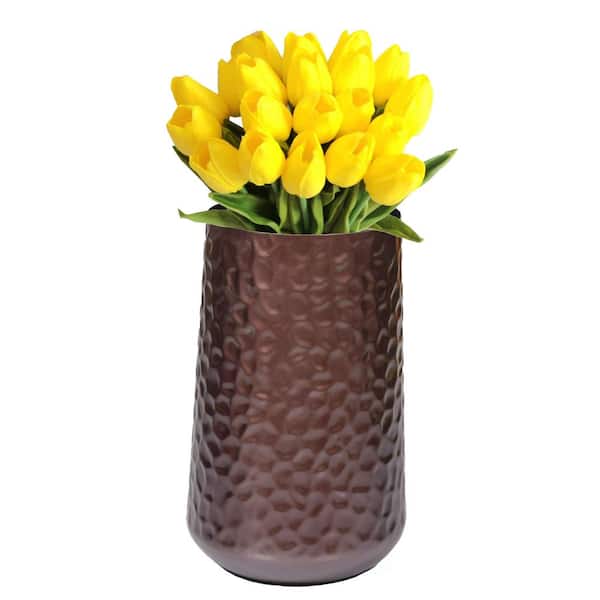 Uniquewise 10.75 in. Brown Rustic Iron Flower Plant Centerpiece Hammered Vase
