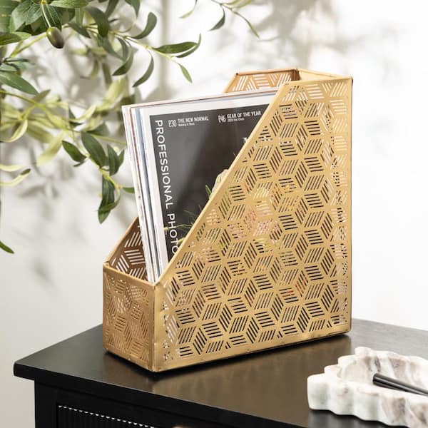 Gold Geometric Standing Magazine Holder with Laser Carved Design