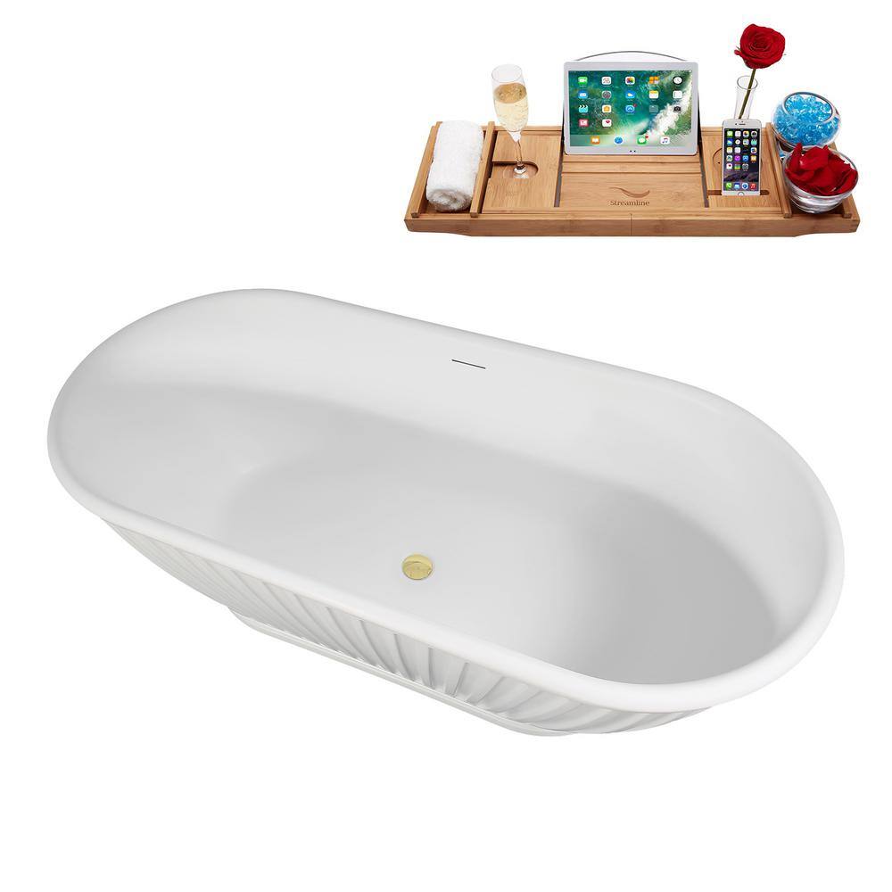 67" Matte White Acrylic Freestanding Slipper Tub with Polished Brass Hardware
