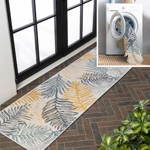 Calypso Coastal Casual Palm Frond Reversible Machine Washable Cream/Navy 2 ft. x 8 ft. Indoor/Outdoor Runner Rug