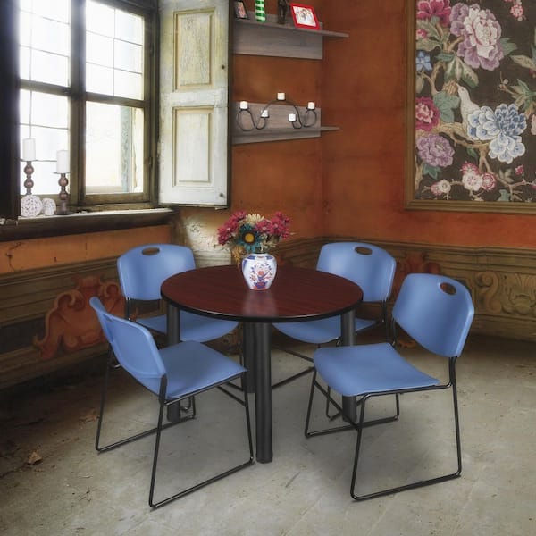 Kee 36 in. Mahogany Top Round Breakroom Table Desk, Black Legs, 4 Zeng Stack Chairs-Blue