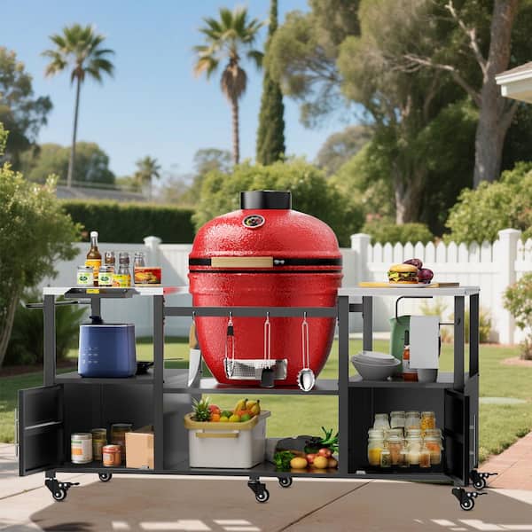 Outdoor Grill Table for Big Green Egg Style BBQ,Metal Grill Cart