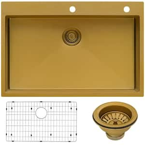 Brass Tone Gold 16-Gauge Stainless Steel 33 in. Single Bowl Drop-In Kitchen Sink