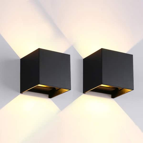 C Cattleya 2-Light Matte Black Aluminum Cube LED Outdoor Wall Sconce with Adjustable Light Beam (2-Pack)