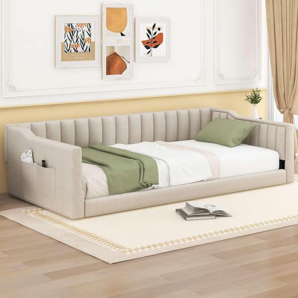 Beige Twin Size Daybed with Side Storage Pocket