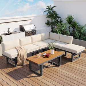 3-Piece Gray Metal Outdoor Sectional Set with Beige Cushions, Lift Backrest, Adjustable Seating Height and Coffee Table