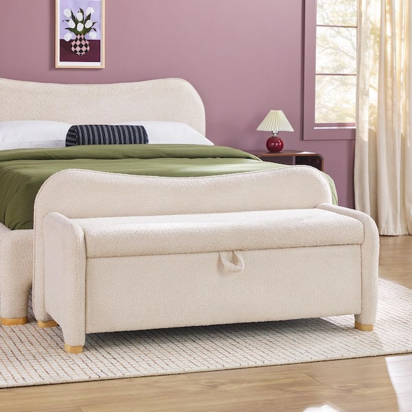 Chantelle Ivory Boucle 56 in. Bedroom Bench with Curved Accents