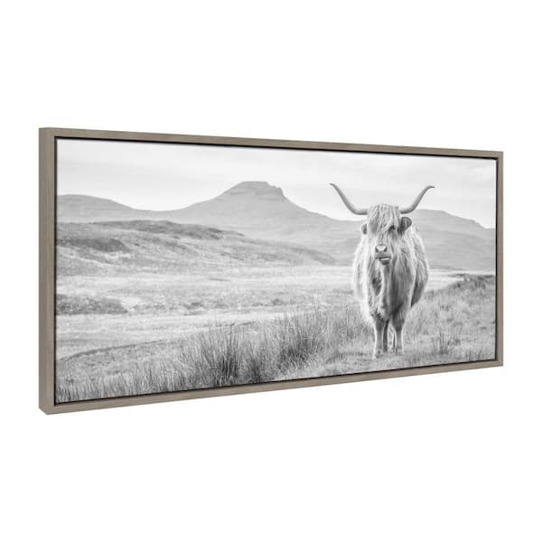 Kate and Laurel Sylvie Highland Cow Mountain Landscape Black and White by The Creative Bunch Studio Framed Art Print 18 in. x 40 in.