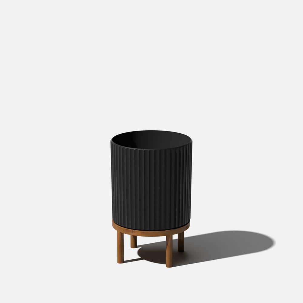 Demi 12" Black Fluted Planter with Acacia Wood Stand