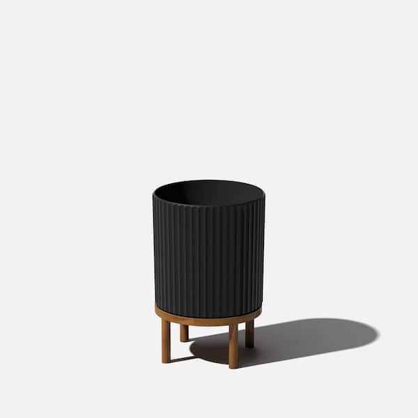 Veradek Demi 12 in. Raised with Stand Round Black Plastic Planter with Brown Stand