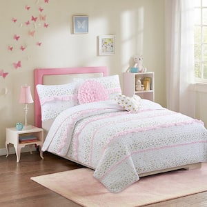 Sweet Heart Polka Dot Pink Gold Silver Ruffle Cotton Twin Quilt Bedding Set