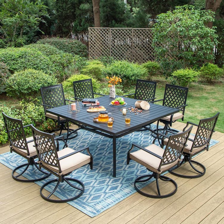 9-Piece Metal Outdoor Dining Set with Square Table and Elegant Swivel Chairs with Beige Cushions