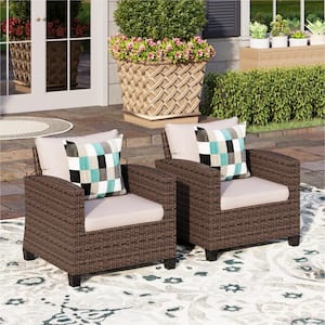Dark Brown Rattan Wicker Outdoor Patio Lounge Chairs with Beige Cushions (2-Pack)