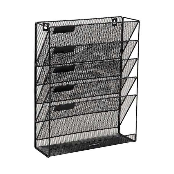 16 in. H x 4 in. W x 12.75 in. D Vertical File Storage Desktop Organizer Angled Wall Mount Metal Black