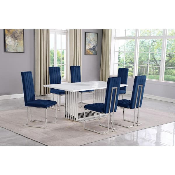 Best Quality Furniture Lisa 7-Piece Rectangle White Marble Top Stainless Steel Base Dining Set With 6-Navy Blue Velvet Chrome Iron Leg Chairs