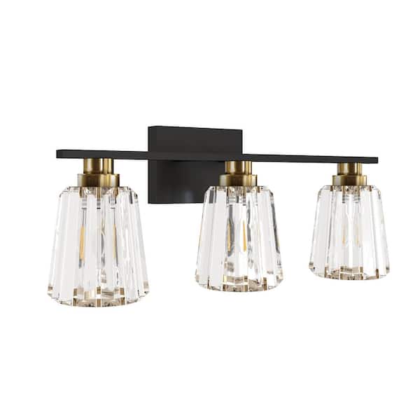ExBrite Merrin 21.7 in. 3-Light Black and Golden Bathroom Vanity Light with Black Pyramid Crystal Shades