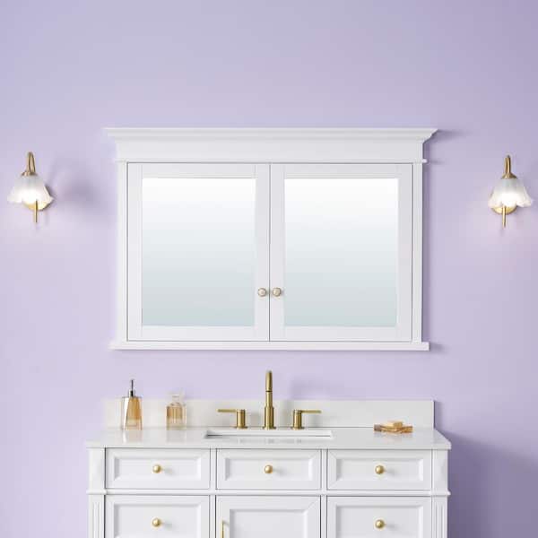 WELLFOR 48 in. W x 32 in. H Rectangular White Solid Wood Framed Recessed Mount Soft Close Door Medicine Cabinet with Mirror