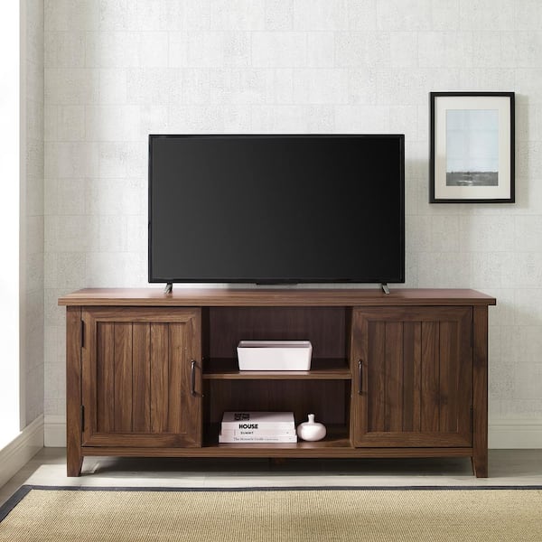 58 in. Modern Farmhouse Dark Walnut Wood TV Stand with 2 Grooved Doors (Max TV Size 65 in.)