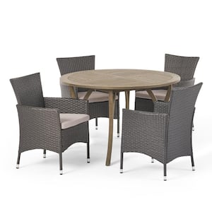 Albury Gray 5-Piece Wood and Faux Rattan Outdoor Dining Set with Silver Cushions