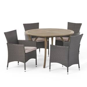 Albury Gray 5-Piece Wood and Faux Rattan Outdoor Dining Set with Silver Cushions