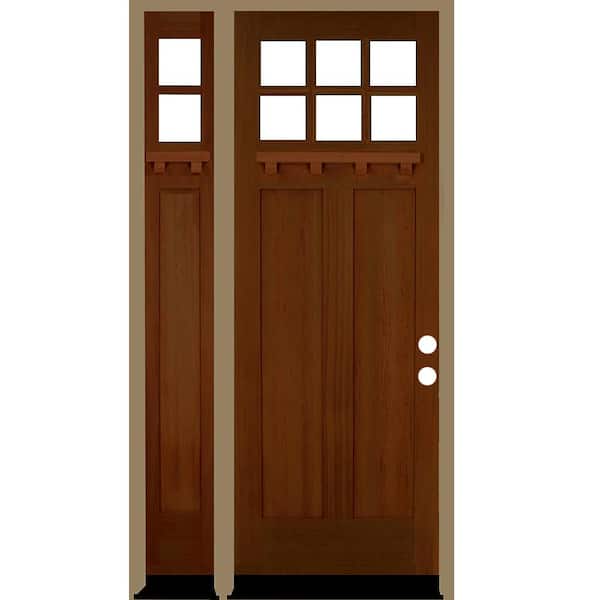 Krosswood Doors 50 in. x 96 in. 6-Lite Craftsman Left Hand Red Chestnut Stain Hemlock Prehung Front Door Left Sidelite
