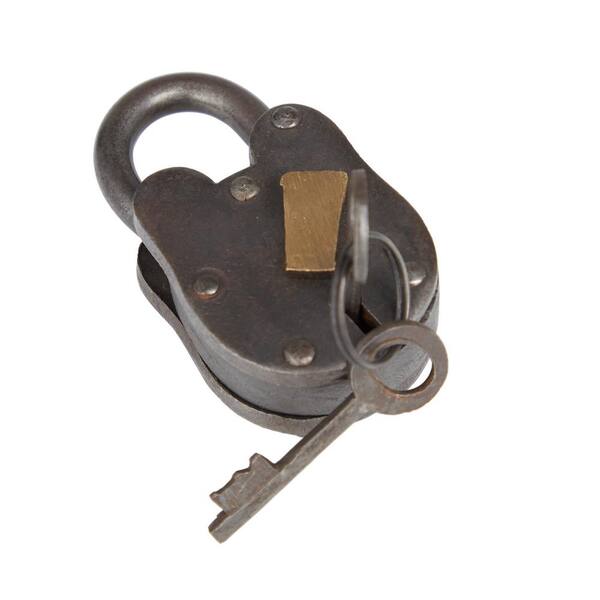 ANTIQUE LOCK OLD STYLE W/ KEYS SILVER 3"H METAL PADLOCK WITH BRASS KEY COVER 
