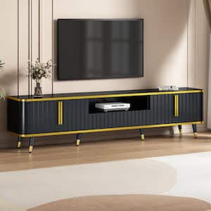 Black Luxury Minimalism TV Stand Fits TVs up to 80 to 85 in. with Cabinets, Open Storage Shelf and Drawers
