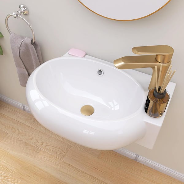 17 in Ceramic Wall-Mounted Oval Bathroom Sink Right Hand with Single Right Faucet Hole in White Floating Vessel Sink