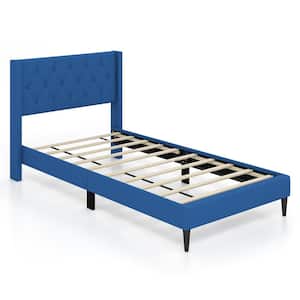 Blue Wood Frame Twin Size Upholstered Platform Bed with Button Tufted Wingback Headboard