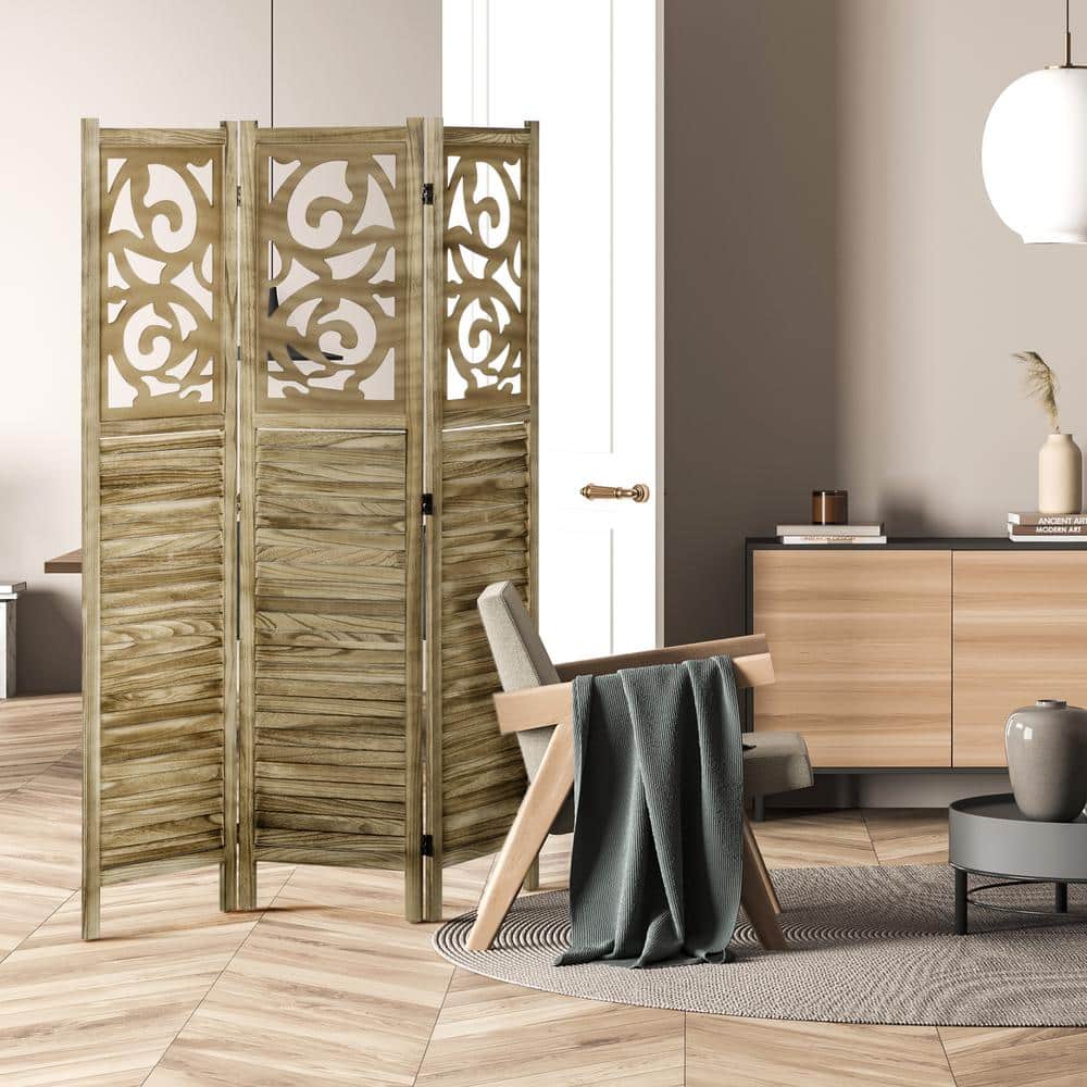 Brown Wood 3-Panel Folding Room Divider with Floral Design