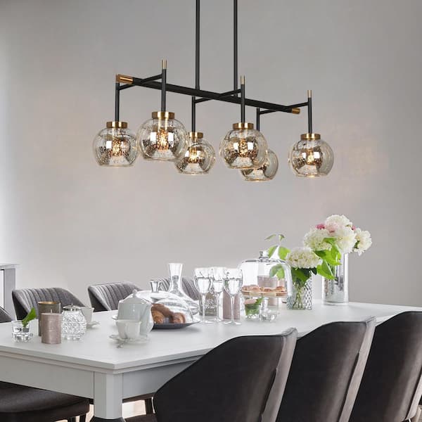 27.5 in. 6-Light Modern Black Island Chandelier, Transitional Brass Pendant Light, Mercury Glass Dining Room Chandelier