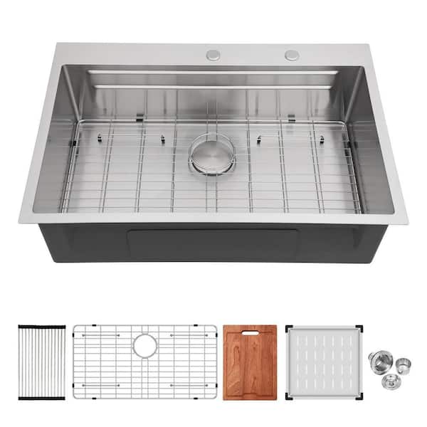 33 in. Drop-In Single Bowl 16-Gauge Brushed Nickel Stainless Steel Kitchen Sink with Bottom Grids