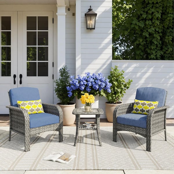 Missisi Gray 3-Piece Wicker Patio Conversation Seating Set with Denim Blue Cushions