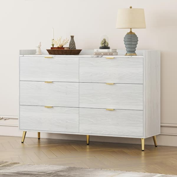 Harper & Bright Designs White 6-Drawer 55.1 in. Wide Dresser with Marbling Worktop, Metal Leg and Handle