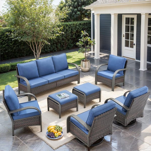 moosprr 7-Piece Brown Wicker Patio Conversation Set with Blue Olefin Cushions and Swivel Glider Chairs/Ottomans/Couch