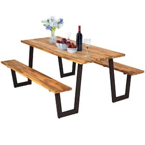 70 in. Acacia Wood Outdoor Dining Table Set with Seats and 2 in. Umbrella Hole