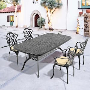 Lily Black 5-Piece Cast Aluminum Outdoor Dining Set with Rectangle Table and Dining Chairs with Random Color Cushion