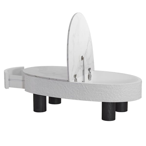 47 in. White Rectangle Wood Faux Marble Tabletop Coffee Table with Hidden Drawer and Storage Space