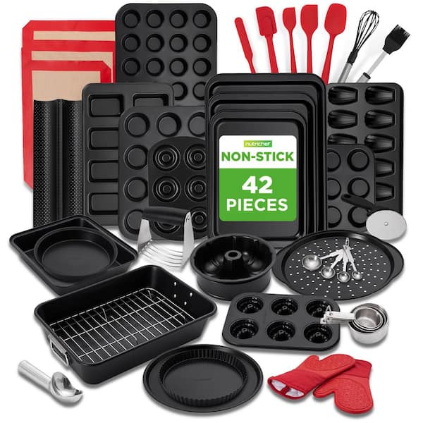 42-Piece Non-Stick Bakeware Set, Heat-Resistant Pans, Sheets, Utensils, Oven Mitts for Cakes, Loaves (Black) - NCBBS40