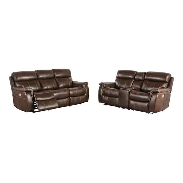 Furniture of America Ahmed 2-Piece Brown Top Grain Leather Power Sofa Set
