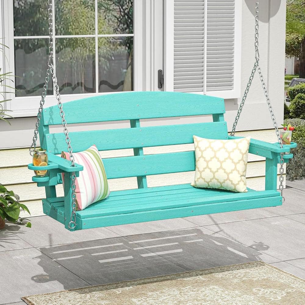 2-Person Lake Blue HDPE Outdoor Porch Hanging Swing with Cup Holders, All-Weather Patio Swing for Patio, Backyard price history on PriceWatchPro