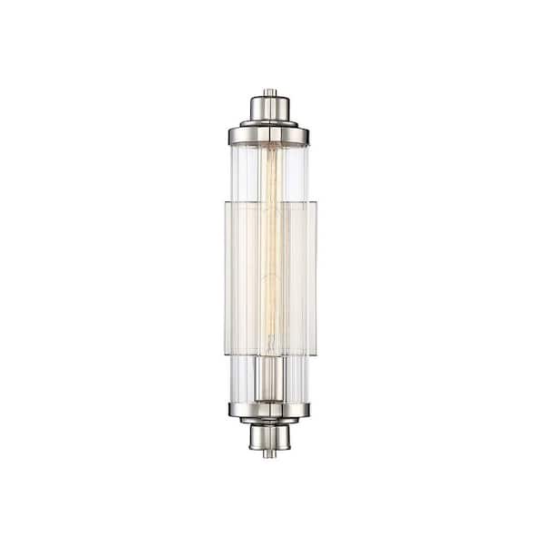 Pike 4.5 in. W x 15.25 in. H 1-Light Polished Nickel Wall Sconce with Clear Ribbed Glass Shade