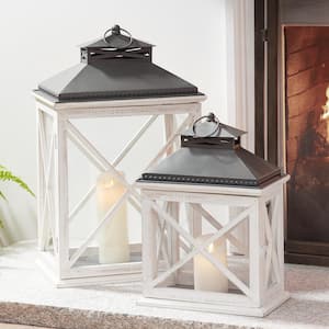 Ivory Wood Candle Hanging or Tabletop Lantern with Metal Top (Set of 2)