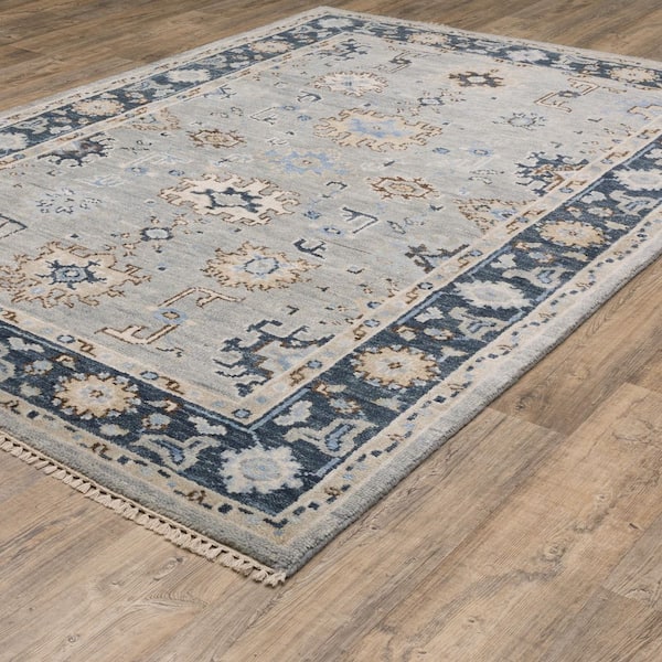 Majestic Gray/Blue 9 ft. x 12 ft. Distressed Oriental Floral Hand-Knotted Wool Fringed-Edge Indoor Area Rug