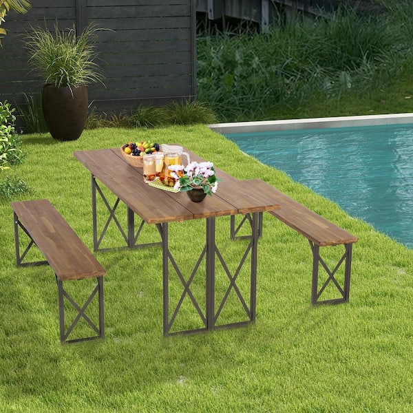 3-Piece Wood Picnic Table Bench Set Outdoor Dining Set Camping Table with Seat and 2" Umbrella Hole