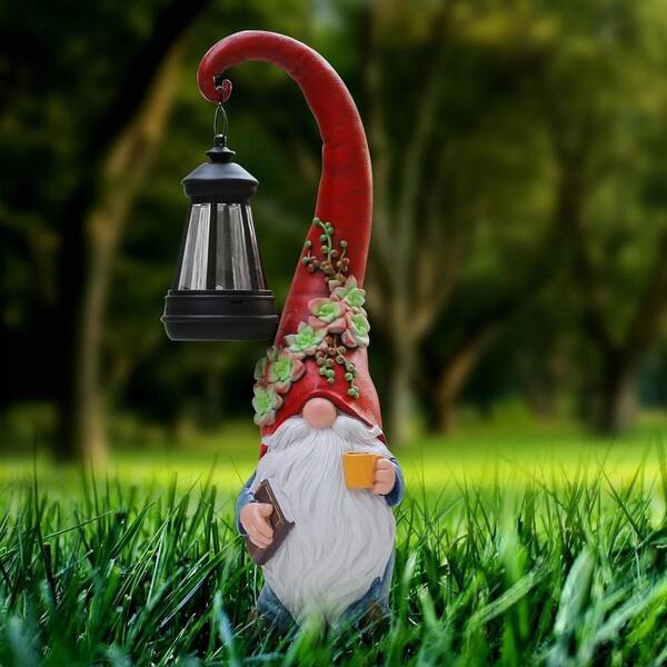 5 in. x 13 in. Red Resin Coffee Gnome Garden Statue Solar Powered