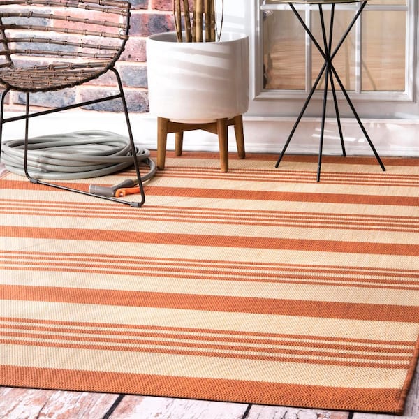 Robin Striped Coastal Terracotta 5 ft. x 8 ft. Indoor/Outdoor Patio Area Rug
