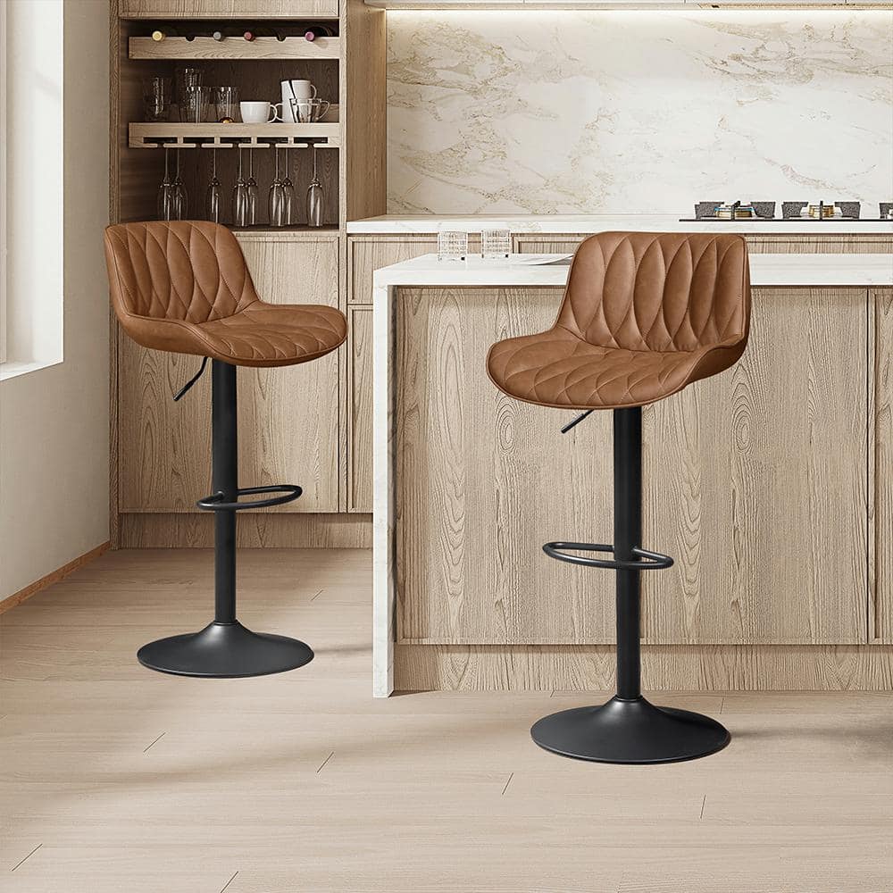 Tan Faux Leather Adjustable Swivel Bar Stools with Metal Frame