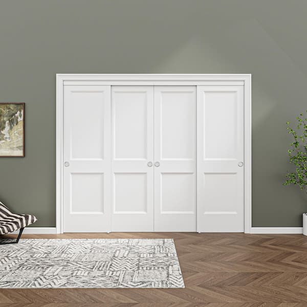 96 in. x 80 in. Paneled 2-Lite White Primed MDF Composite Sliding Door with Hardware