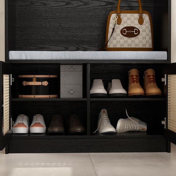 78.7 in. H x 31.5 in. W, Black Wooden Shoe Storage Bench with 4 Shelves, Soft Seat and Metal Hooks for Door Side Storage